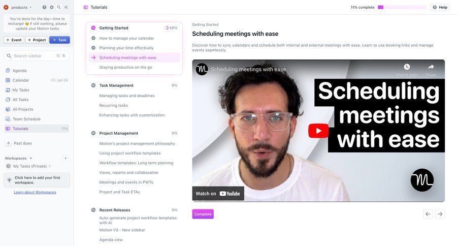 Motion
			 task management sidebar navigation project management onboarding progress tracking video player manage links tutorial progress progress bar meeting ui page example
