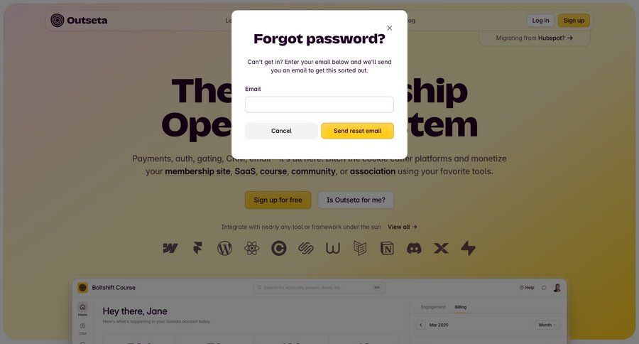Outseta
			password reset form modal & popover modal screen account management form authentication login ui page example