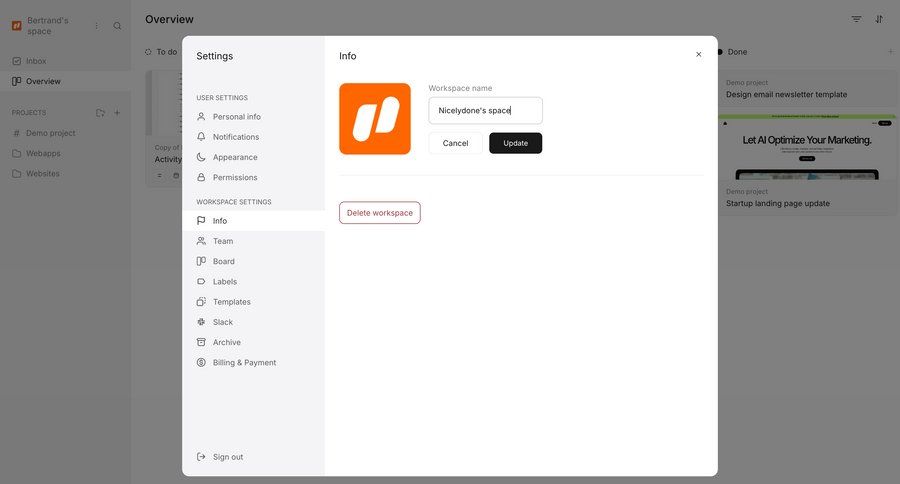 Workflow
			 settings form delete workspace settings workspace management menu update ui page example