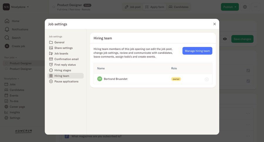 Homerun
			settings team management modal screen configuration settings team collaboration user management sidebar email confirmation ui page example