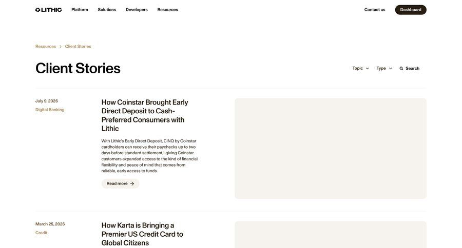 Lithic
			list blog case studies customer stories payment processing b2b marketing ui page example