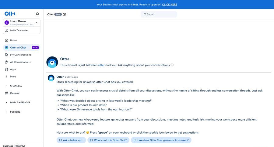 Otter
			 sidebar navigation artificial intelligence onboarding conversational ui hierarchical navigation conversational interface sidebar communication chat menu tips chat interface conversational voice search suggestions suggestion meeting ui page example