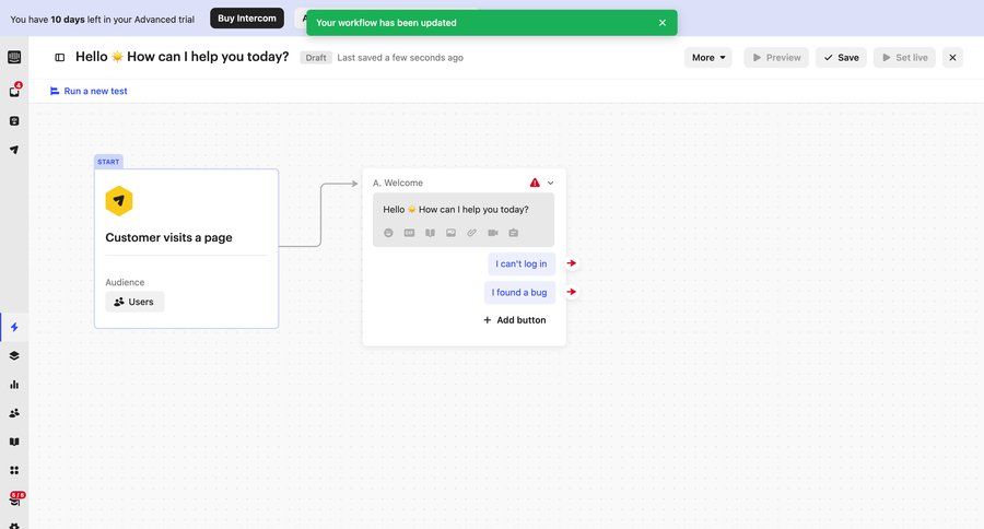 Intercom
			 workflow editor workflow builder workflow automation workflow creation drag and drop customer engagement workflow configuration workflow editor drag & drop sidebar create node based editor workflow nodes ui page example