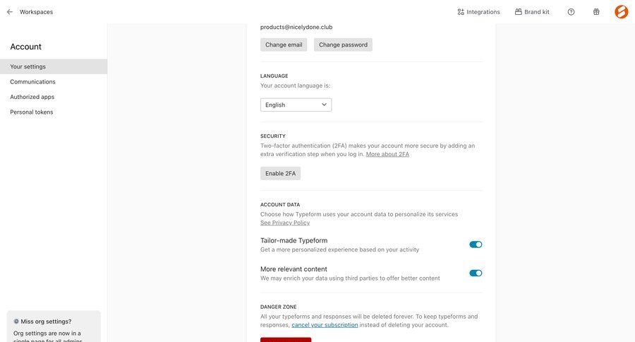 Typeform
				settings ui page example