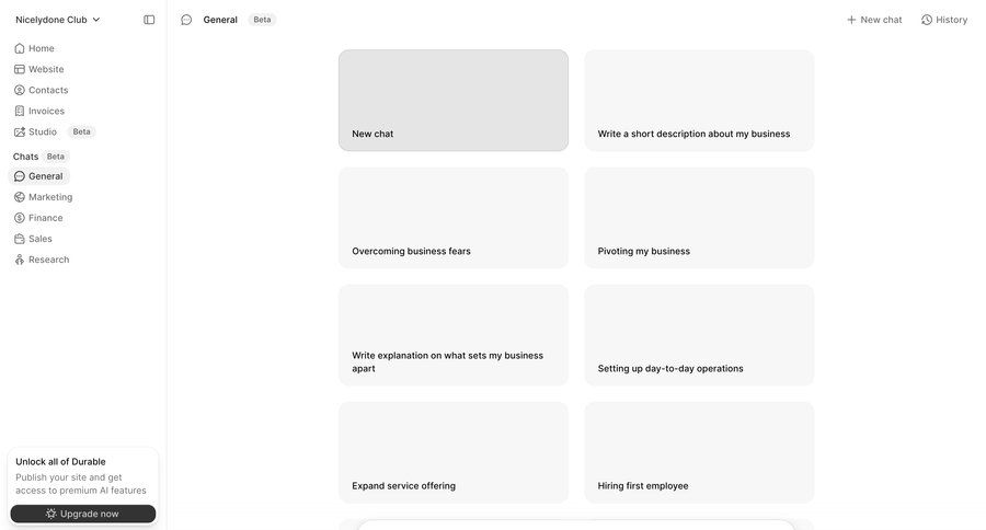 Durable
			 sidebar navigation artificial intelligence grid chat chat interface ui page example