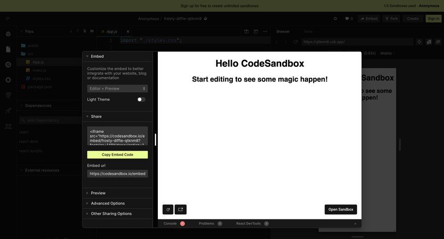 CodeSandbox
			settings modal & popover product page embed form accordion sharing ui page example