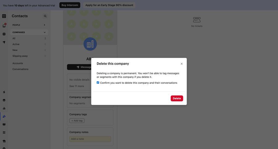 Intercom
			modal & popover delete account data management account management form cancel deletion radio group sidebar user user termination confirmation message ui page example