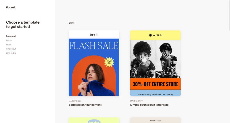 Flodesk
			 e-commerce grid template library marketing automation template selection content hierarchy announcement campaign creation email marketing ui page example