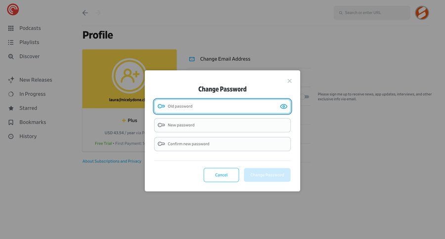 Pocket Casts
			 user profile account management profile settings password update ui page example