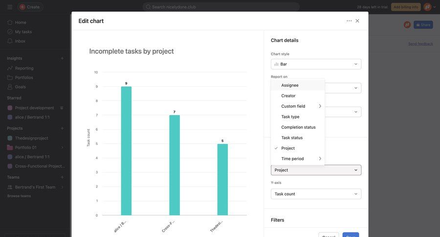 Asana
			 task management modal screen configuration project management form real-time preview data analysis save changes data filtering dropdown filters call intelligence menu data visualization kpi dashboard task management dashboard project dashboard ui page example
