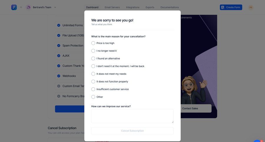 Formcarry
			empty state modal & popover cancel subscription modal screen account management form subscription management feedback collection file upload modal file upload ui ui page example