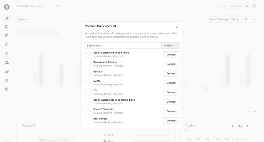 Midday
			settings import modal & popover modal screen account management onboarding finance account settings ui page example