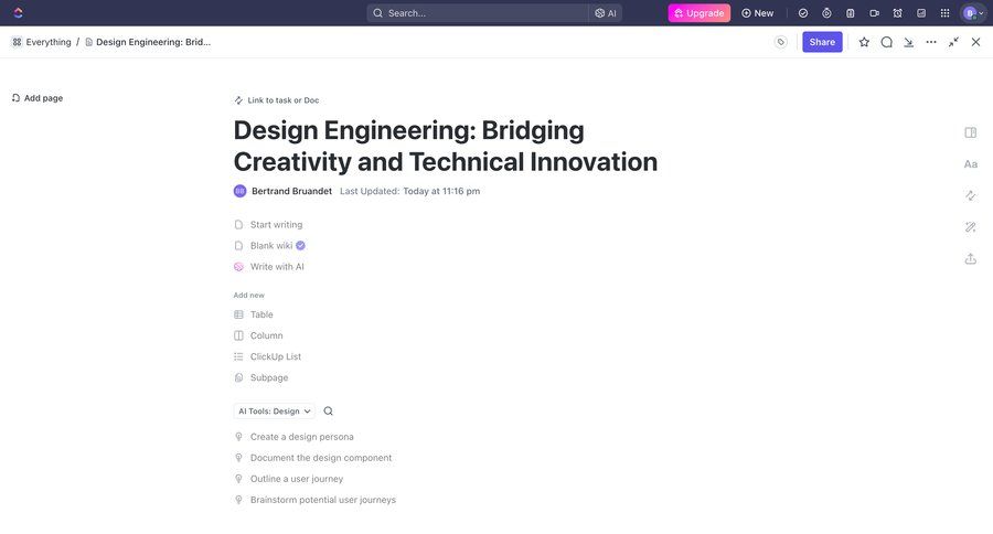ClickUp
			 sidebar navigation project management design document management document sharing knowledge base document creation ai assistance sidebar menu modern ui page example