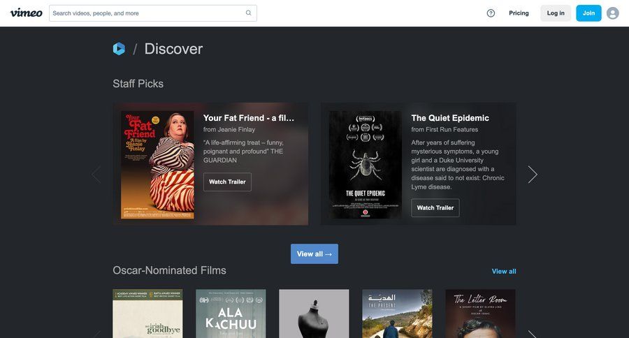 Vimeo
			 content discovery ui page example