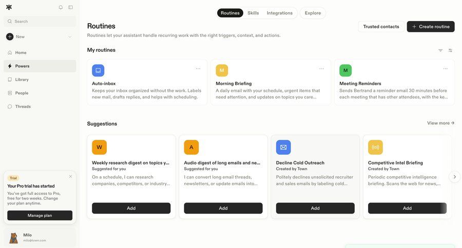Town
			 sidebar navigation workflow builder trial banner toast notification card layout ui page example
