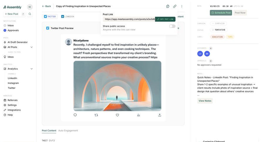 Assembly
			 content management team collaboration sidebar navigation editor content sharing right sidebar content scheduling wysiwyg menu analytics sharing ui page example