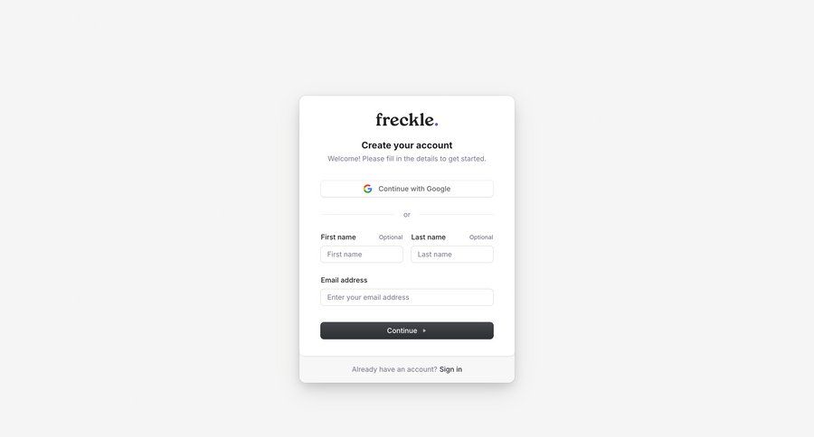 Freckle
			signup onboarding form modal screen account management onboarding form user authentication account creation authentication ui page example