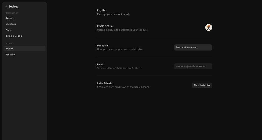 Morphic
			 settings account management form user settings account security account settings user account profile management minimalist design hierarchical navigation sidebar confirmation message organization settings ui page example