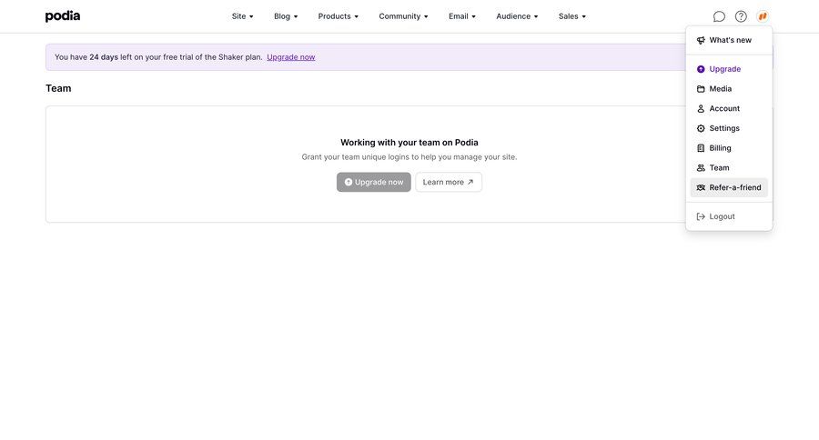 Podia
			 settings e-commerce account management account setup upgrade modal free trial menu collaborators group members paywall ui page example