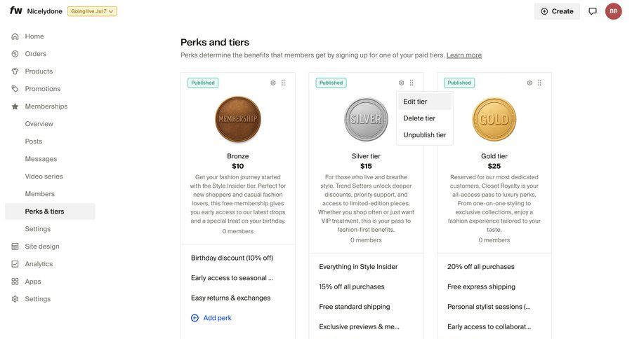 Fourthwall
			 configuration settings e-commerce sidebar menu card layout ui page example