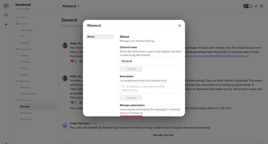 Fractional
			 modal screen settings form user settings subscription management channel management communication ui page example