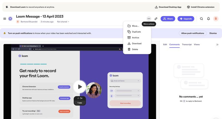 Loom
			 collaboration video management video player bulk import bulk delete bulk edit bulk archive bulk move chrome extension menu ui page example