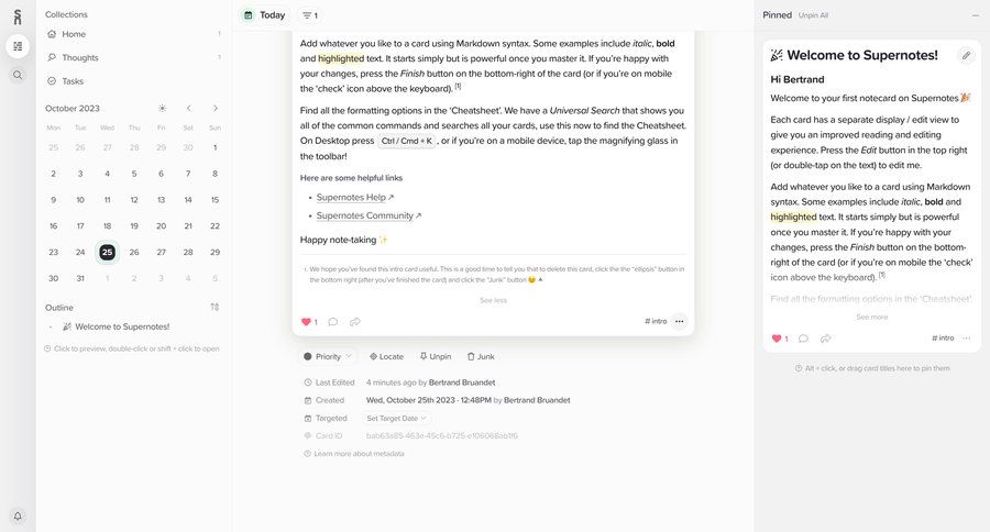 Supernotes
			 dashboard sidebar navigation onboarding drag and drop tagging rounded corners content hierarchy knowledge management dropdown filters sidebar menu tips ui page example