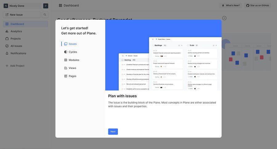 Plane
			 dashboard sidebar navigation project management onboarding issue tracking onboarding modal free plan sidebar modern ui page example