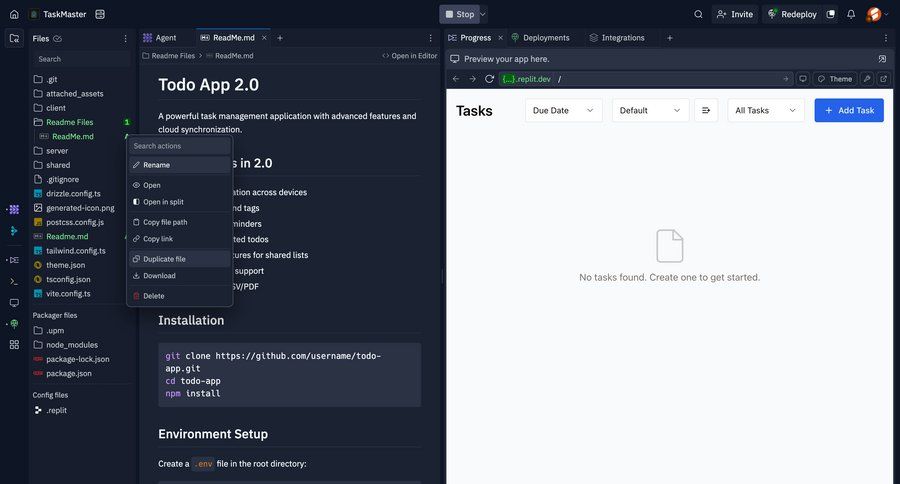 Replit
			 task management project management grid onboarding file management full-screen layout hierarchical navigation code editing sidebar blank state void blank non-ideal state empty page prompt menu ui page example