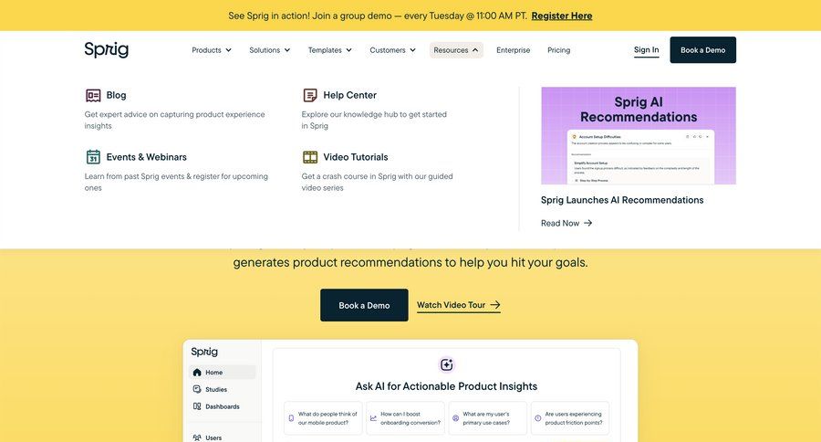 Sprig
			 call to action homepage home page guided tour suggestion ui page example