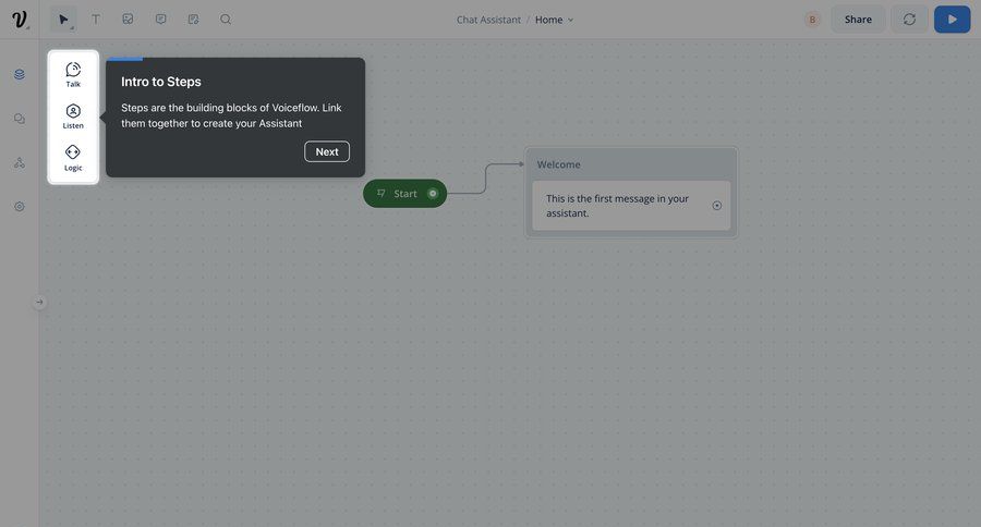 Voiceflow
			 grid workflow onboarding editor drag and drop tutorial guide sidebar setup guided tour voice node based editor ui page example