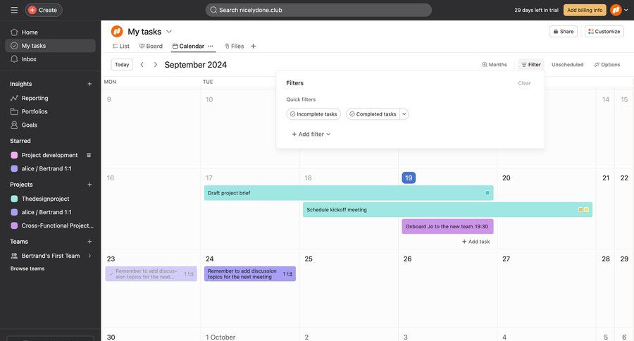 Asana
			 task management sidebar navigation project management customize calendar events calendar screen dropdown filters sidebar date picker datepicker chonology time picker menu date filter time selector time management ui page example