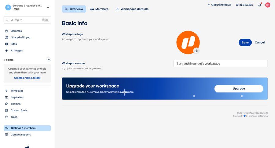 Gamma
			 configuration settings sidebar navigation account management form account setup workspace settings upload image save changes call to action sidebar cancel changes ui page example