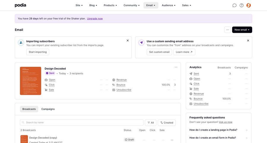 Podia
			 e-commerce dashboard grid customer communication campaign management information page detail view info view analytics ui page example