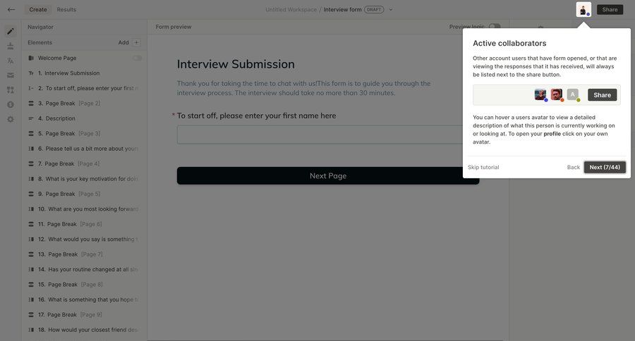 QuestionScout
			 collaboration user management real-time collaboration form building tutorial sidebar ui page example
