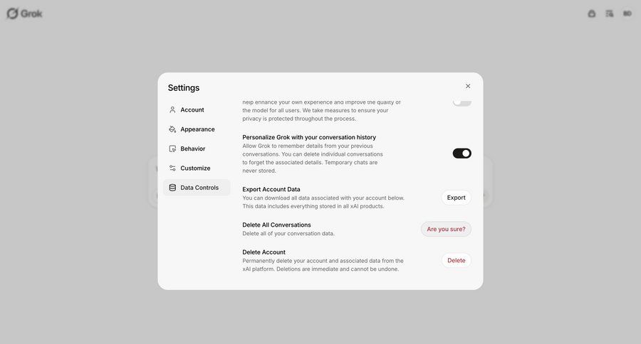 Grok
			settings delete account data management configuration settings account management account setup data export confirmation customize account settings account deletion privacy settings call intelligence parameters user termination ui page example
