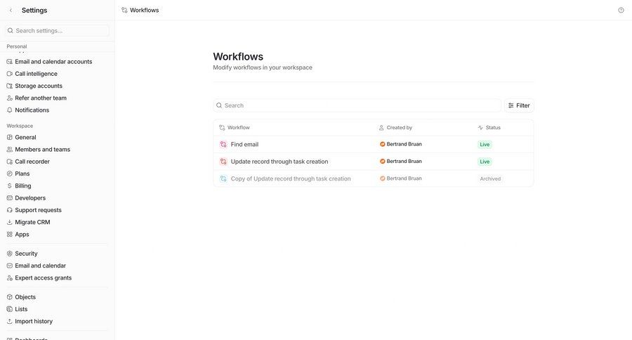 Attio
			 settings sidebar navigation workflow management sidebar table ui page example