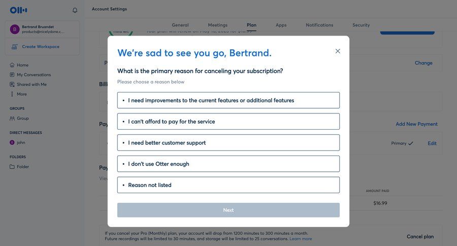 Otter
			empty state modal & popover cancel subscription settings account management grid form account settings subscription management tips pay bill ui page example