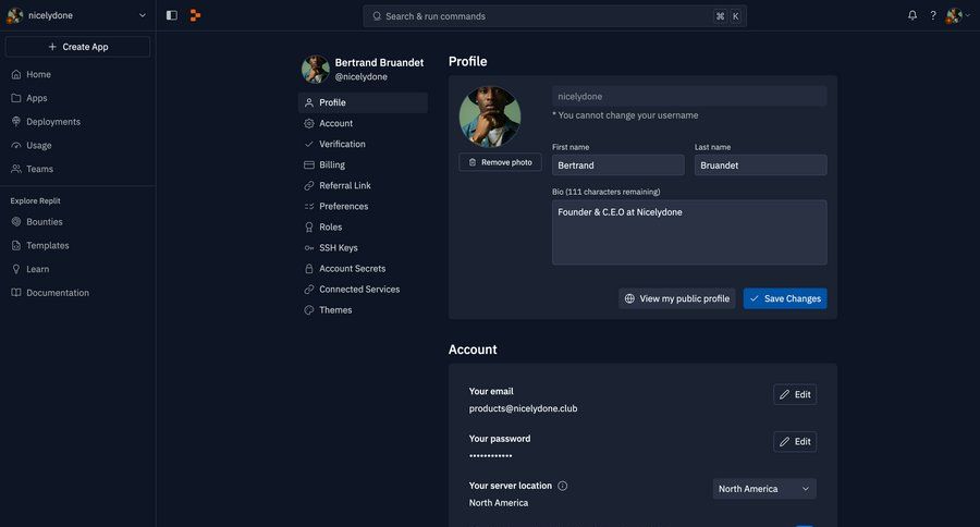 Replit
			settings account settings billing settings settings sidebar navigation account management form account setup user settings account settings subscription management user account email verification payment method bulk edit buy credits user role call intelligence security user profile preferences message parameters progress bar offline mode ui page example