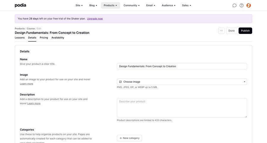 Podia
			 content management e-commerce form file upload form layout free trial product details upload file ui page example