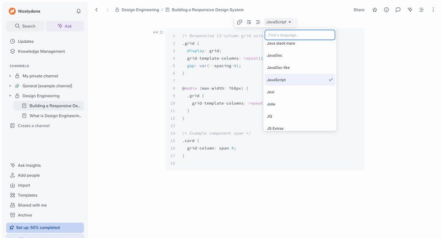 Slite
			list dropdown & other states onboarding content editor documentation editor code editing menu ui page example