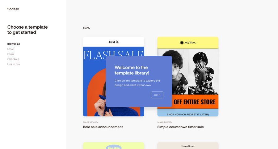 Flodesk
			 e-commerce grid onboarding design templates template library full screen modal template selection menu announcement card layout ui page example