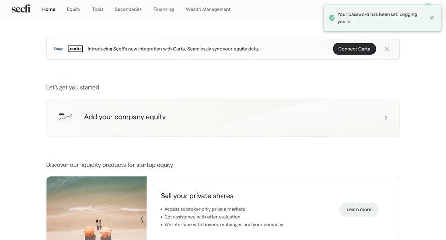 Secfi
			 grid onboarding account setup finance product discovery homepage integration modern toast notification connect service ui page example