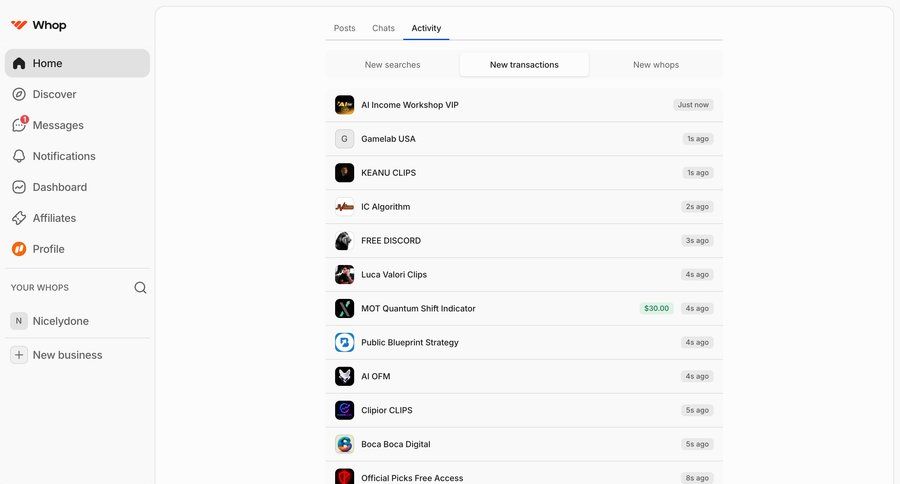 Whop
			 recent activity transaction history ui page example