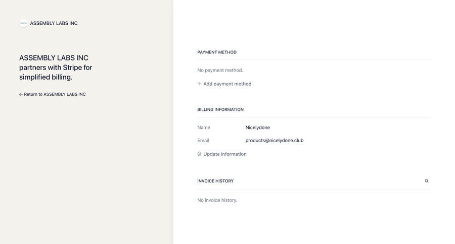 Assembly
			 account management onboarding account setup user settings account settings payment method payment history billing history user user termination ui page example