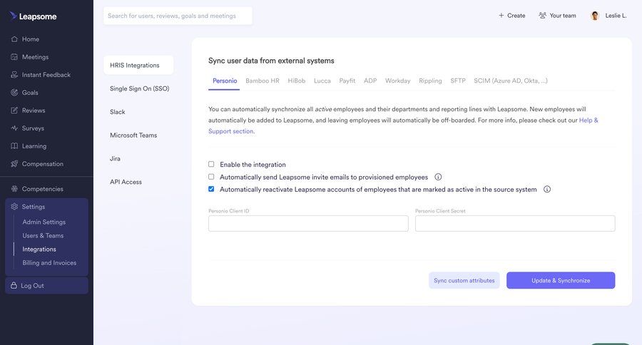 Leapsome
			 settings form integration user management configuration integration setup hris integration check out ui page example