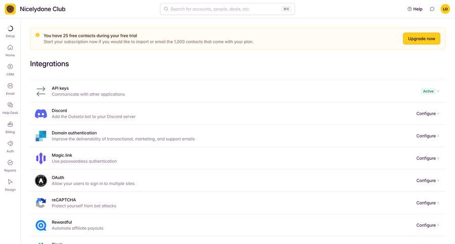 Outseta
			 settings onboarding automation authentication integration management sidebar ui page example