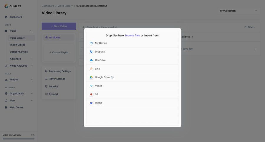 Gumlet
			 content management sidebar navigation video management import data file upload wizard sidebar data import import file import tool import wizard importing data file picker ui page example