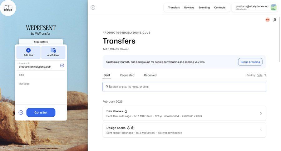 WeTransfer
			 collaboration dashboard file management upload image document list research file uploader upload file upload media upload documents search bar file picker avatar upload ui page example