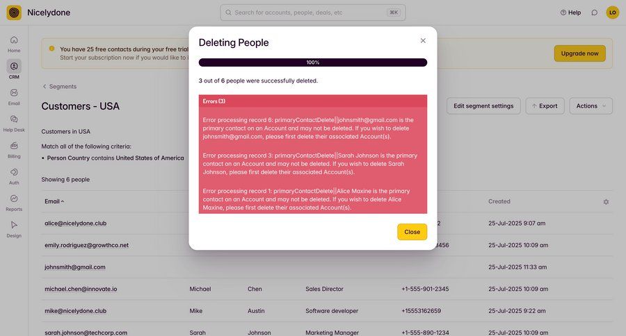 Outseta
			 data management delete modal dialog progress indicator confirmation screen trial banner bulk delete alert progress bar table ui page example
